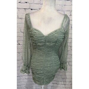 Haute Mode Ruched Off Sleeve Mint Green Bodycon Dress Puff Sleeve Zip Back Small